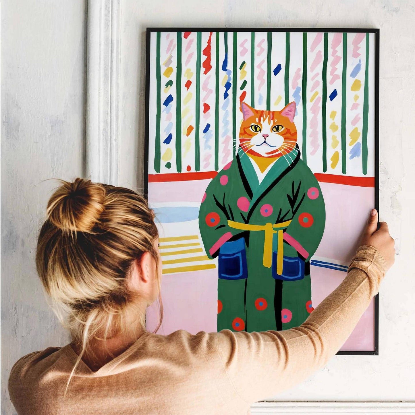 Whimsical Cat in Bathrobe Wall Art
