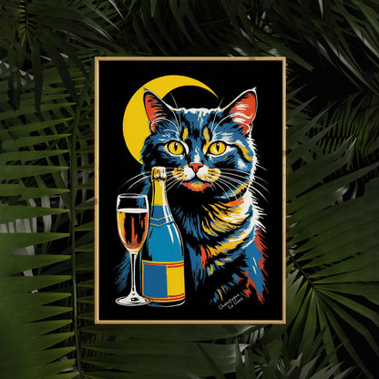 Moonlight Wine Retro Cat Poster