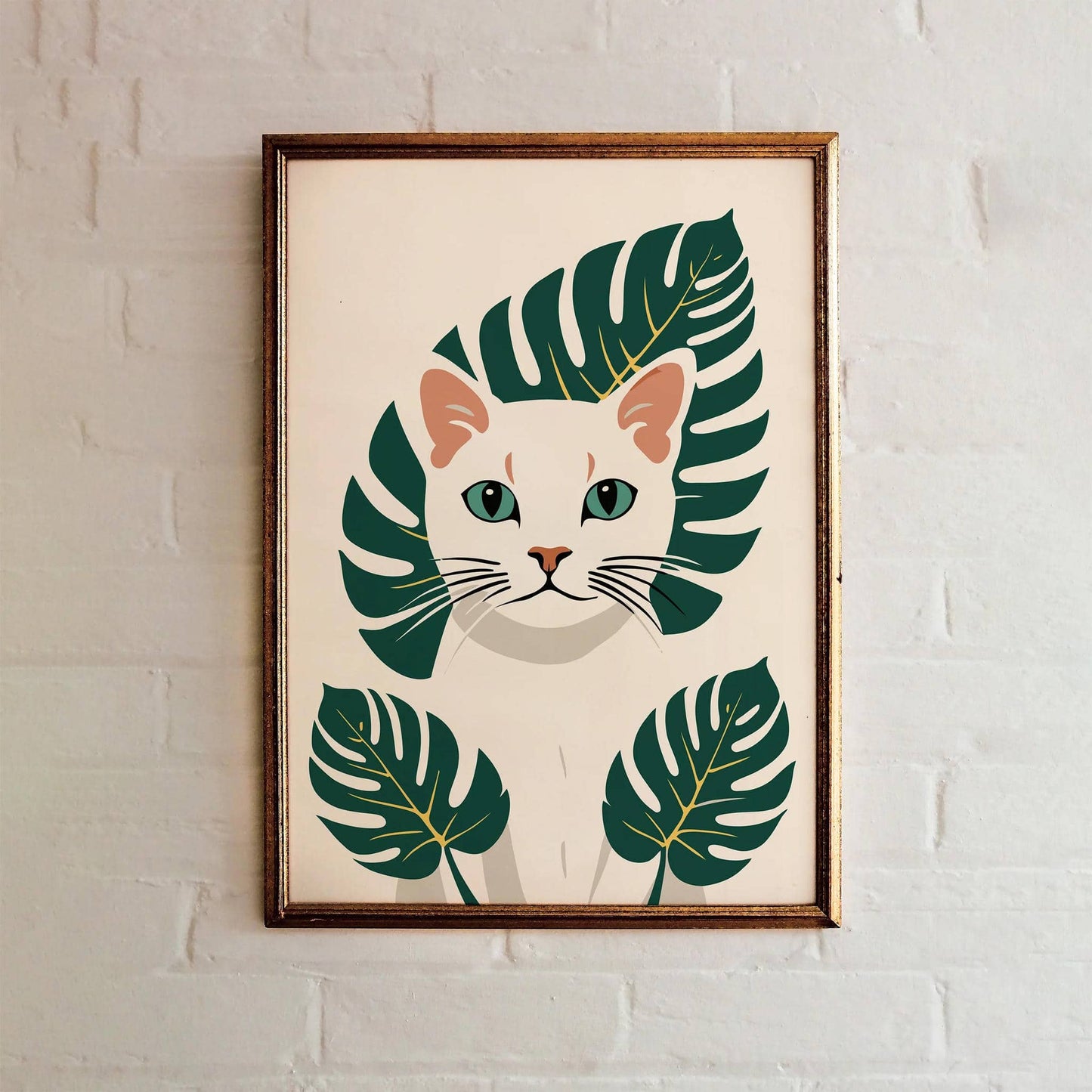 White Kitten - Monstera Leaves Art Print