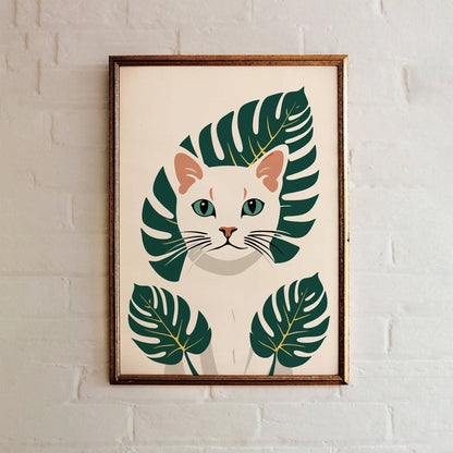 White Kitten - Monstera Leaves Art Print