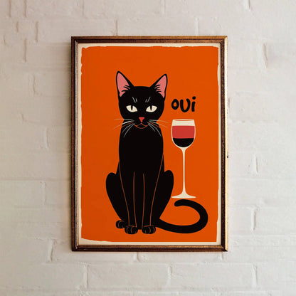 Oui French Wine Cat Poster