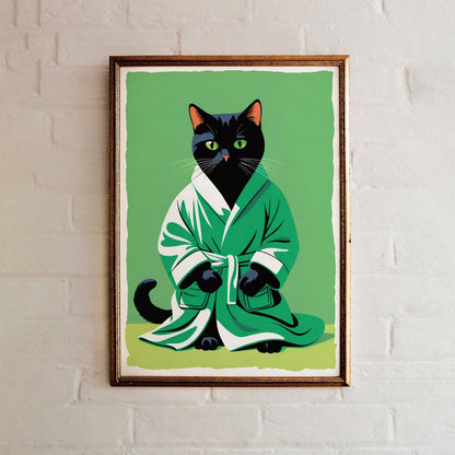 Green Robed Black Cat Art Print