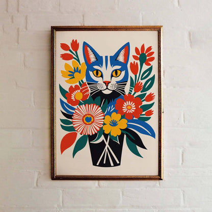 Cat Behind Flowers Art Print