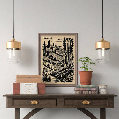Tuscany Scenic Black Ink Style Print
