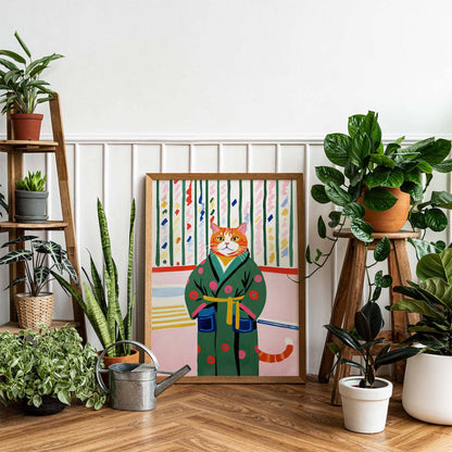 Whimsical Cat in Bathrobe Wall Art