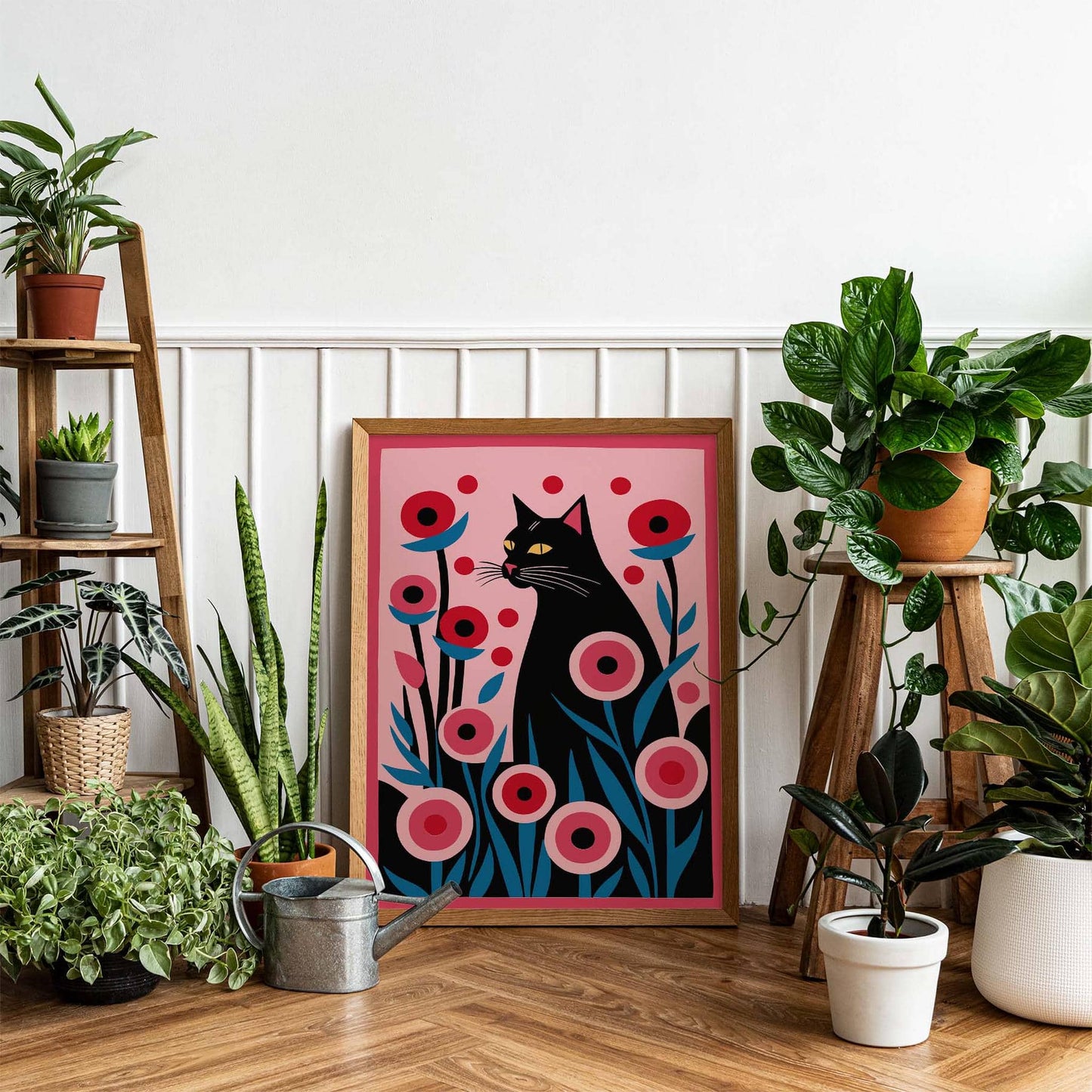 Black Cat in Floral Wonderland Art Print