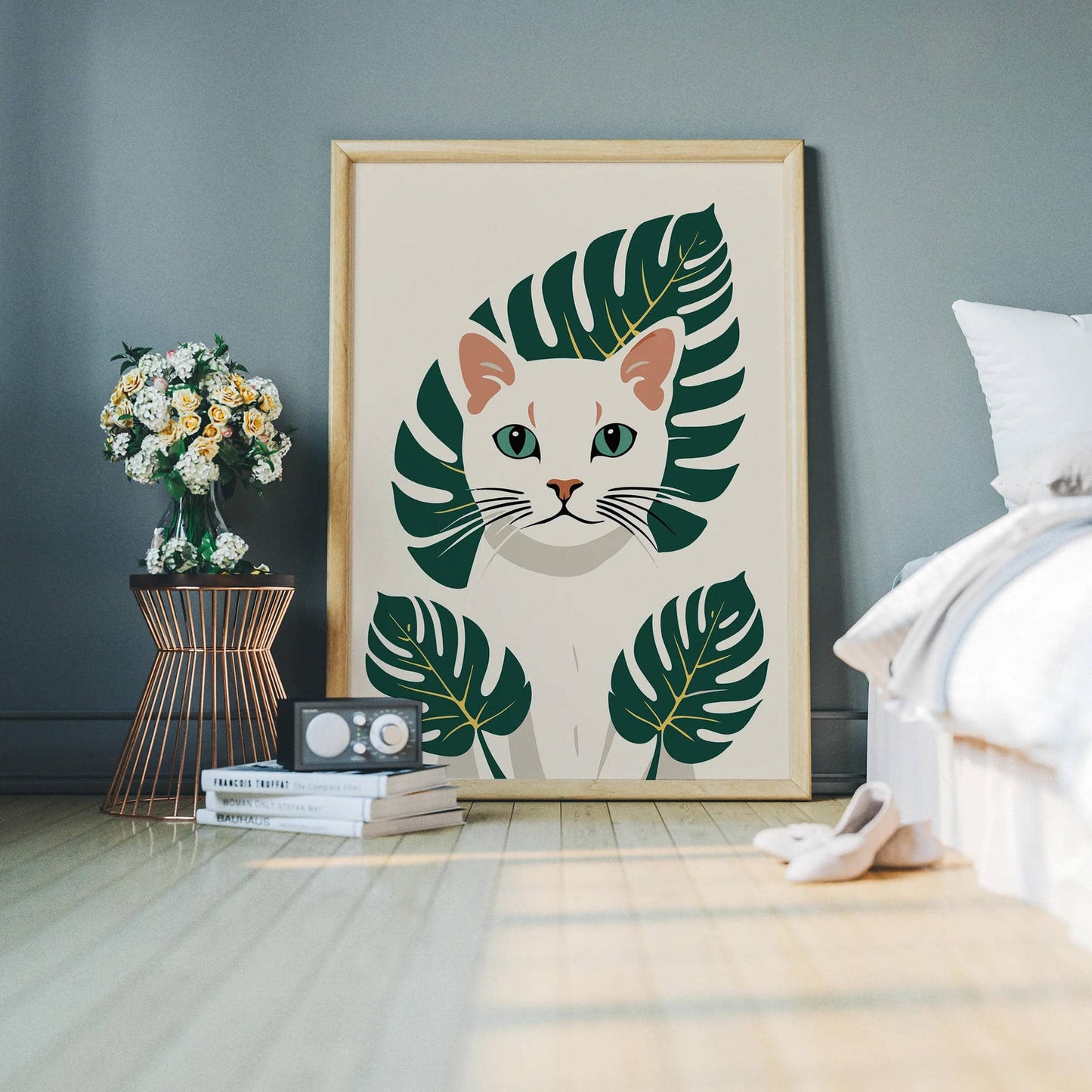 White Kitten - Monstera Leaves Art Print
