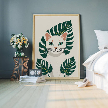 White Kitten - Monstera Leaves Art Print