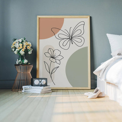 Butterfly and Flower Line Art Print – Pastel Wall Decor