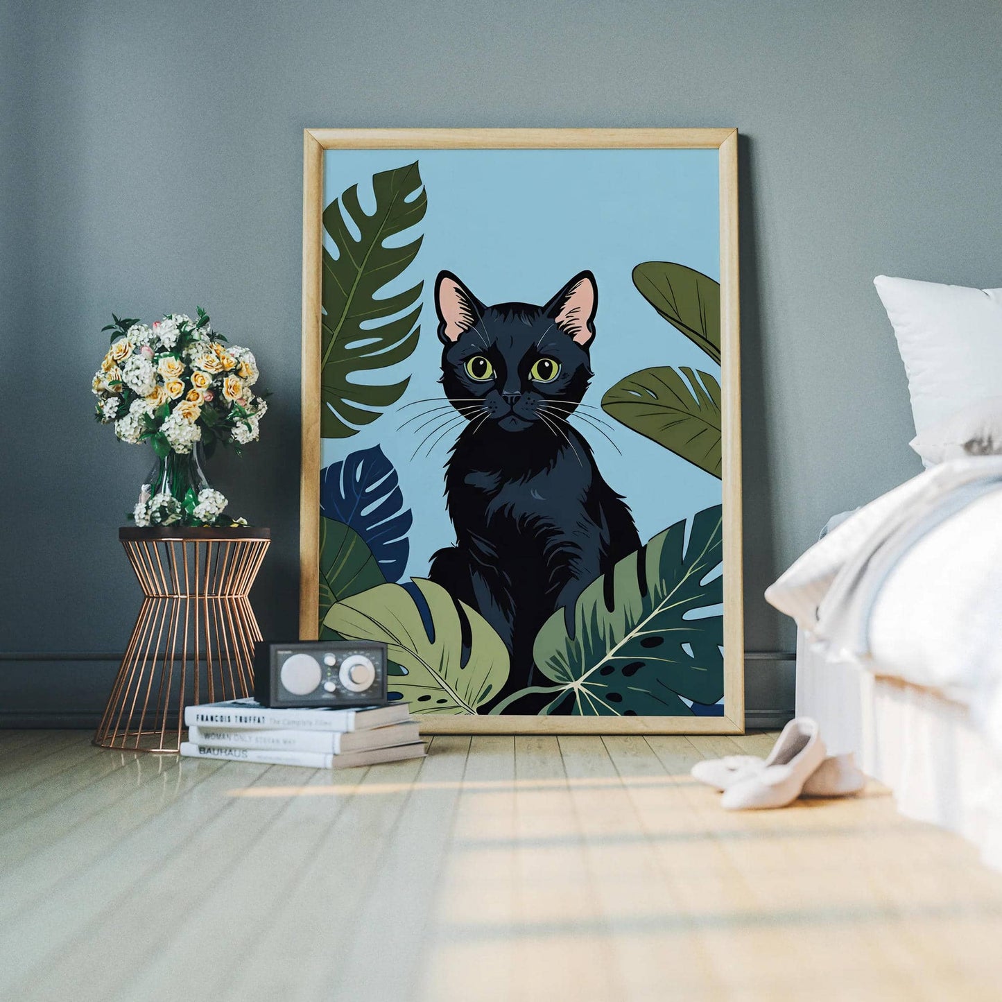 Cute Cat and Monstera Leaves Print