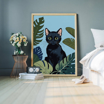 Cute Cat and Monstera Leaves Print