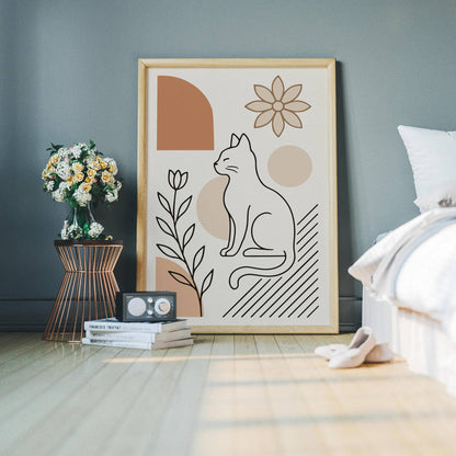 Minimalist Line Art Cat & Flowers Poster – Neutral Beige Decor
