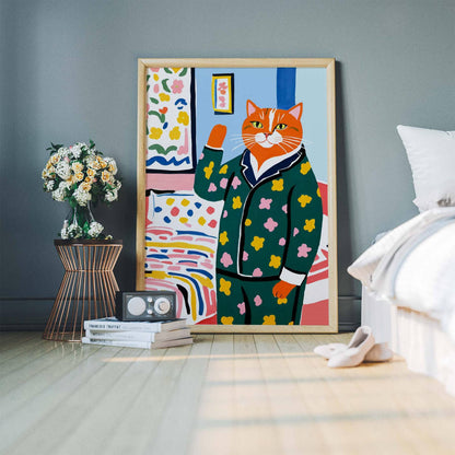 Floral Pajama Cat Wall Art Print