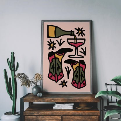 Wine Boots Party Poster - Retro Kitchen Wall Art