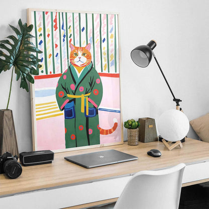Whimsical Cat in Bathrobe Wall Art