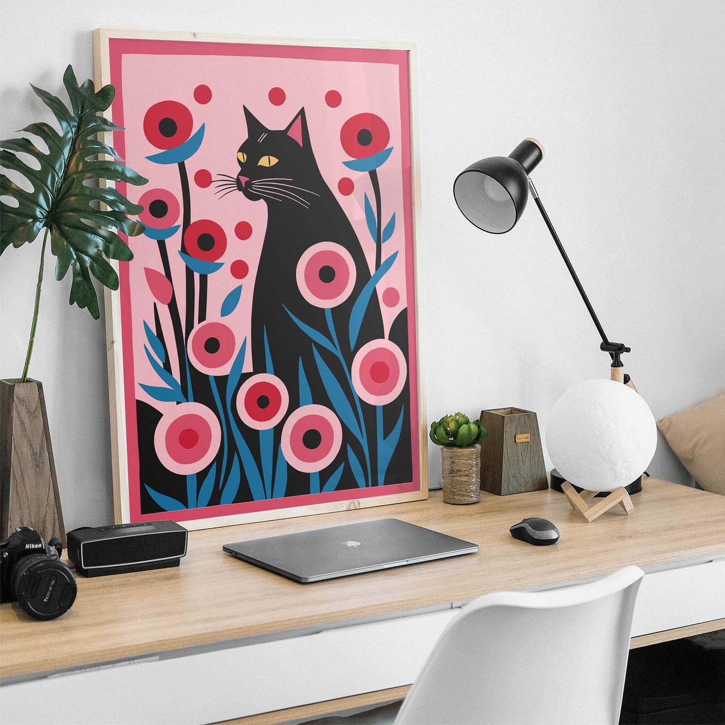 Black Cat in Floral Wonderland Art Print