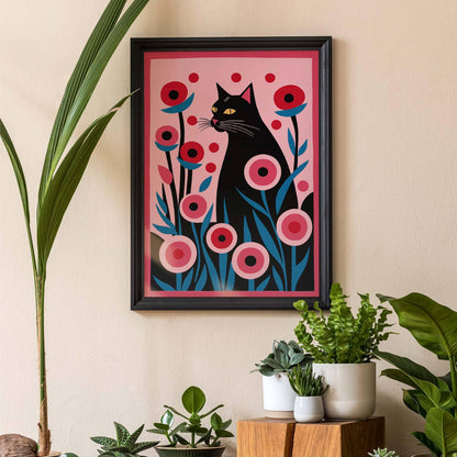 Black Cat in Floral Wonderland Art Print
