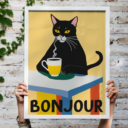 Bonjour - Coffee Cat Art Print