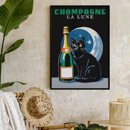 Champagne La Lune Black Cat Art Print