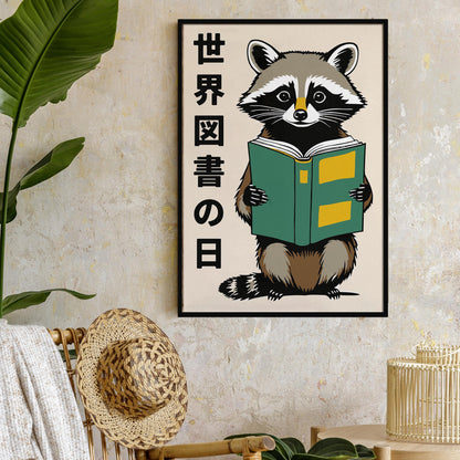 Reading Raccoon Library Wall Print