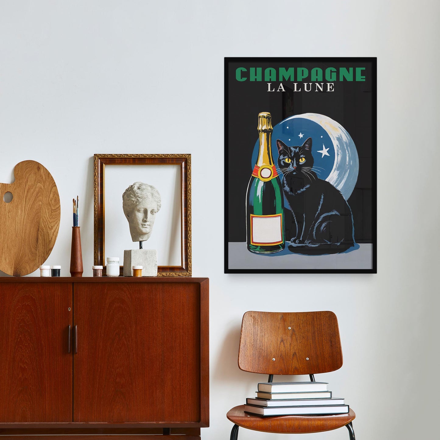 Champagne La Lune Black Cat Art Print