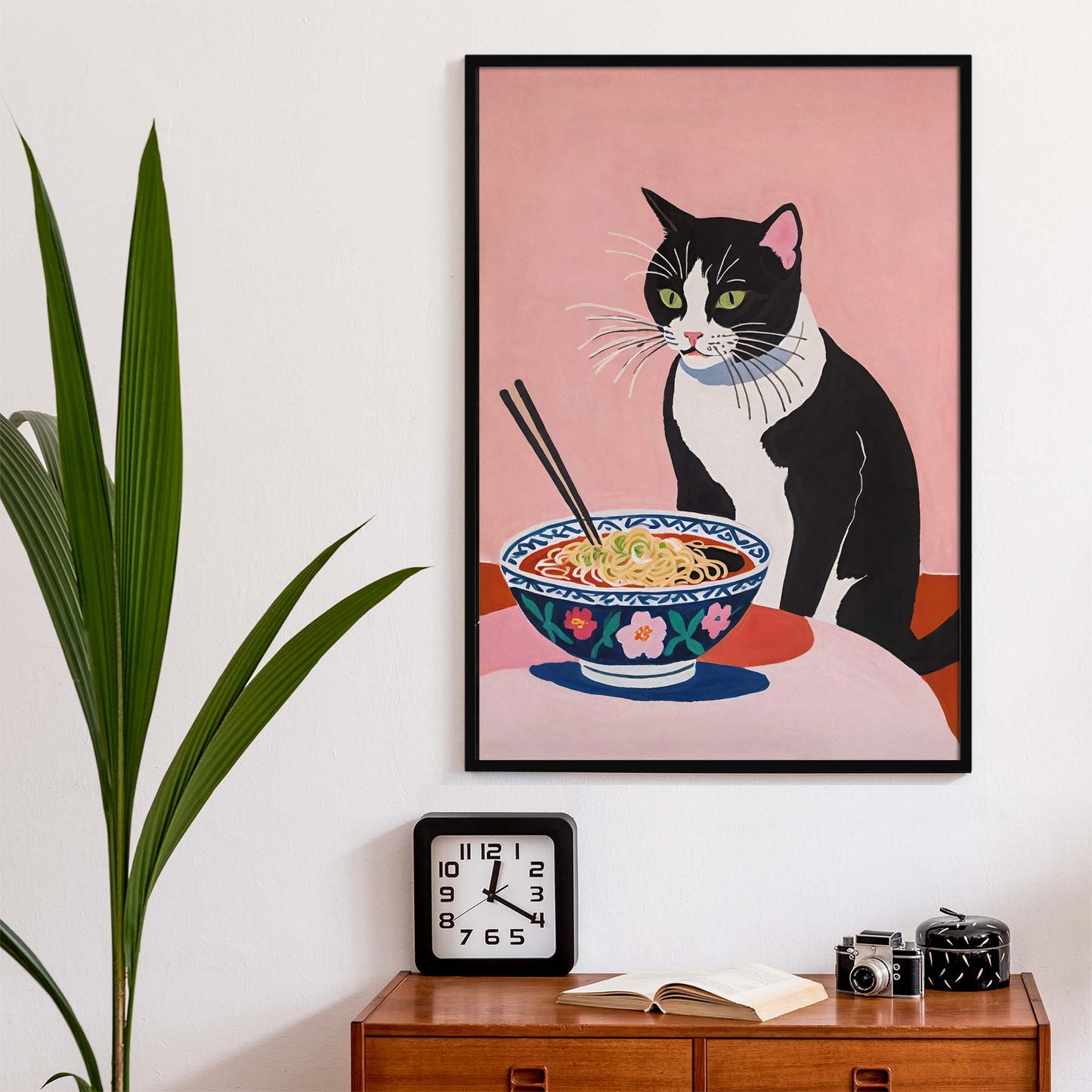 Pink Ramen Print With Black And White Cat