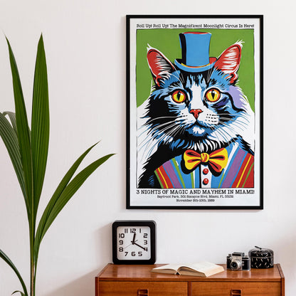 Miami 1989 Circus Cat Poster Moonlight Carnival Print
