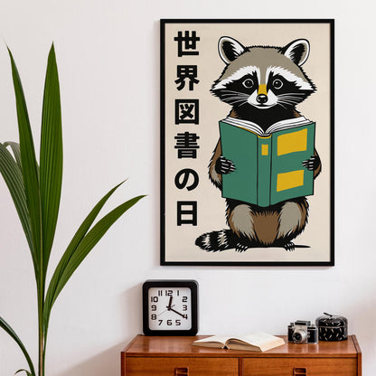 Reading Raccoon Library Wall Print