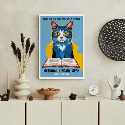 Reading Cat Library Poster 1998 Print