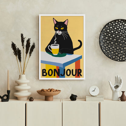 Bonjour - Coffee Cat Art Print