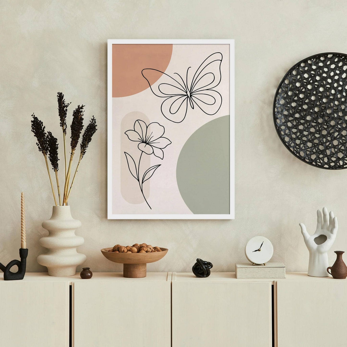 Butterfly and Flower Line Art Print – Pastel Wall Decor