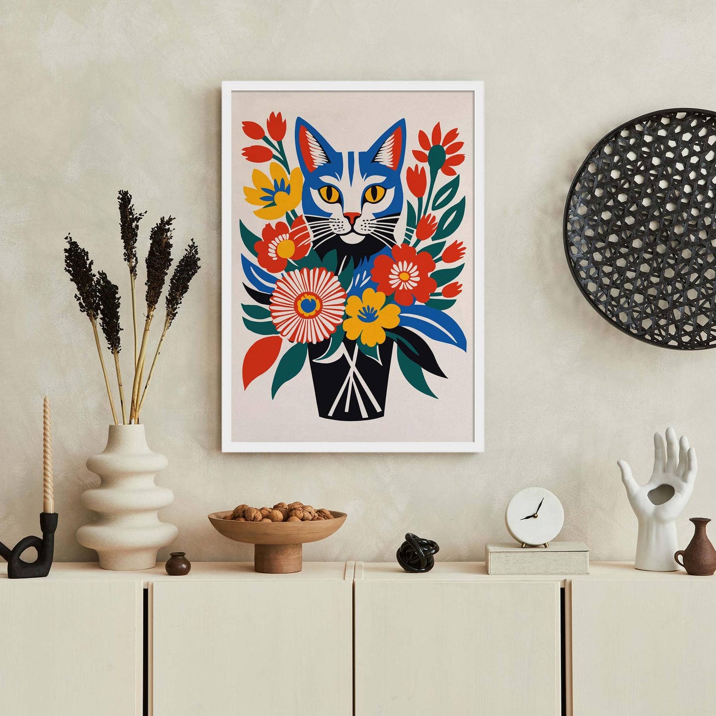Cat Behind Flowers Art Print