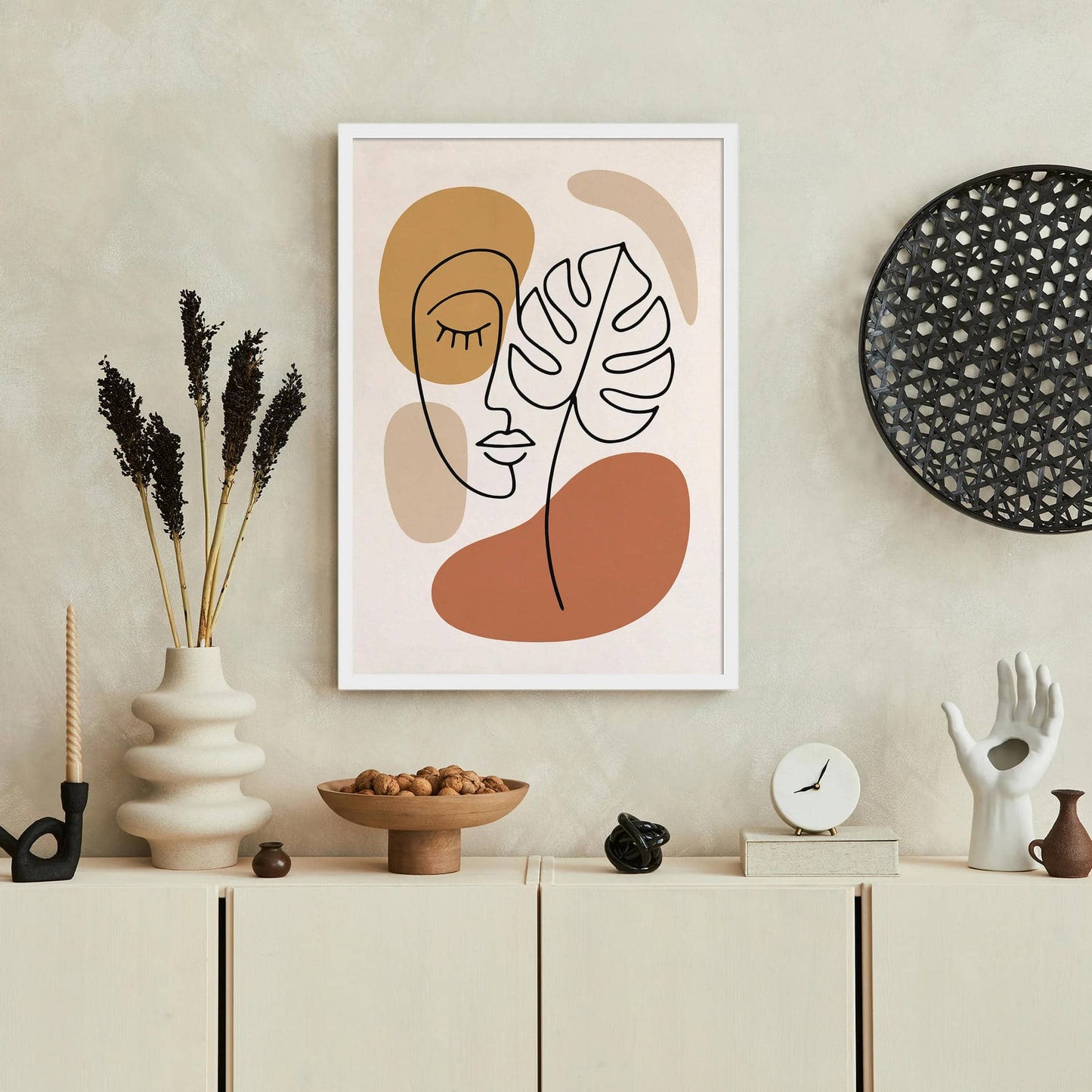 Boho Line Art Face and Monstera Art Print