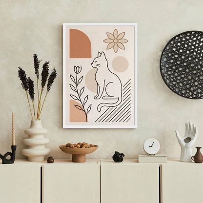 Minimalist Line Art Cat & Flowers Poster – Neutral Beige Decor