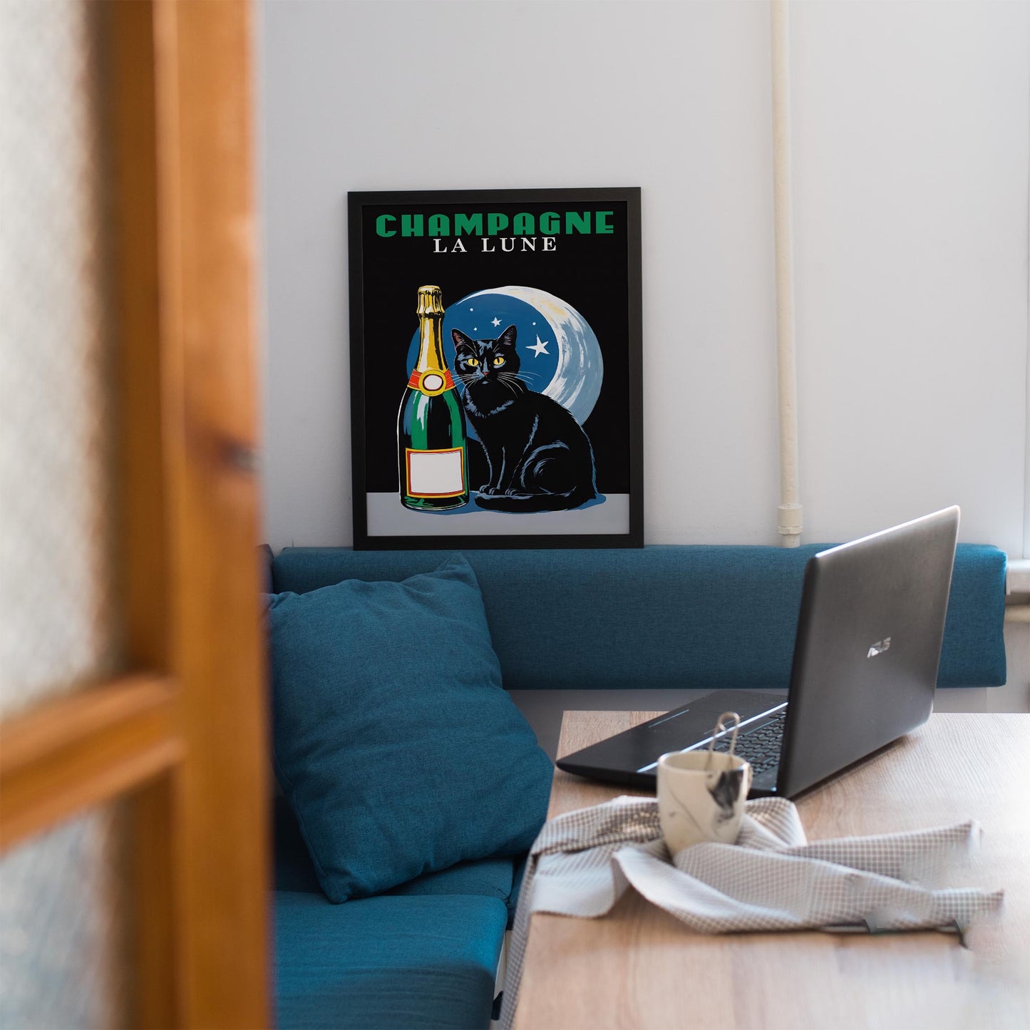 Champagne La Lune Black Cat Art Print