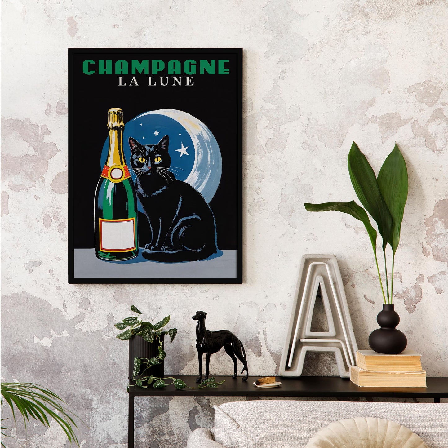 Champagne La Lune Black Cat Art Print