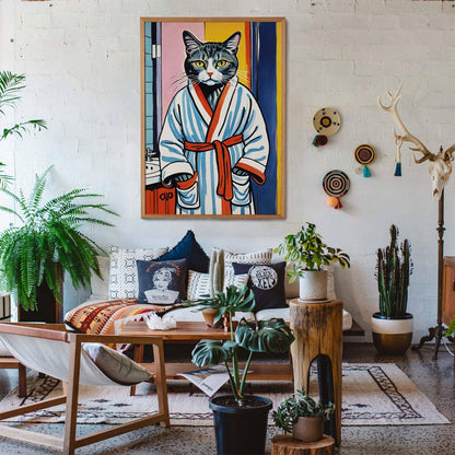 Bathrobe Cat Bathroom Poster Print