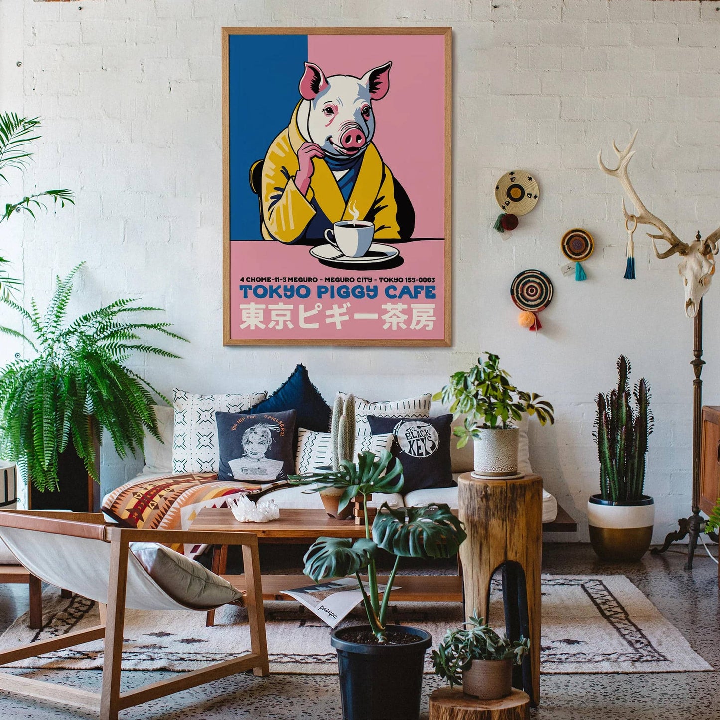 Japanese Cafe Poster  - Pig Drinking Coffee