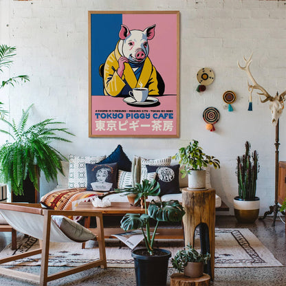 Japanese Cafe Poster  - Pig Drinking Coffee