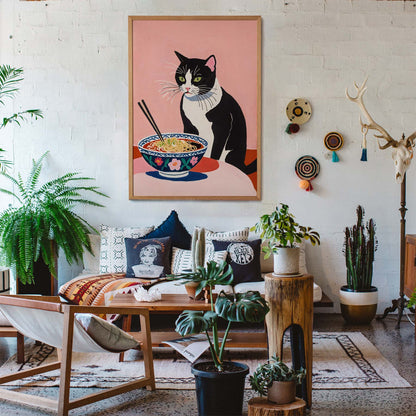 Pink Ramen Print With Black And White Cat