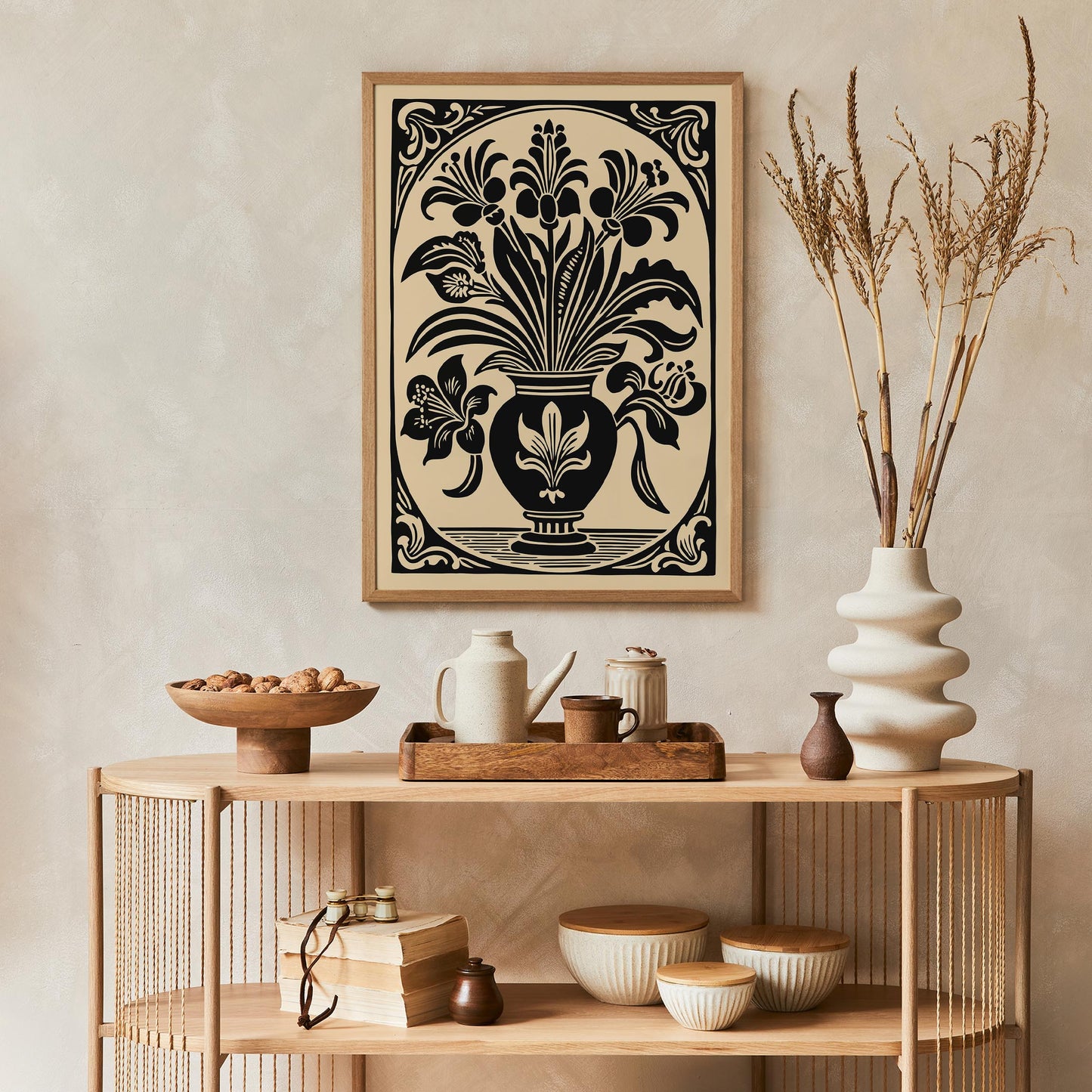 Black Flowers in Vase Poster – Elegant Rococo Wall Art Decor