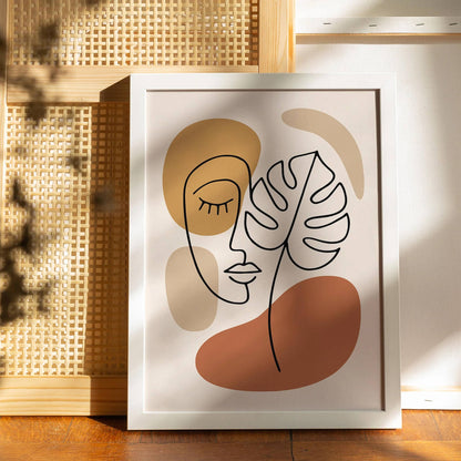 Boho Line Art Face and Monstera Art Print