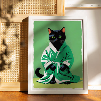 Green Robed Black Cat Art Print