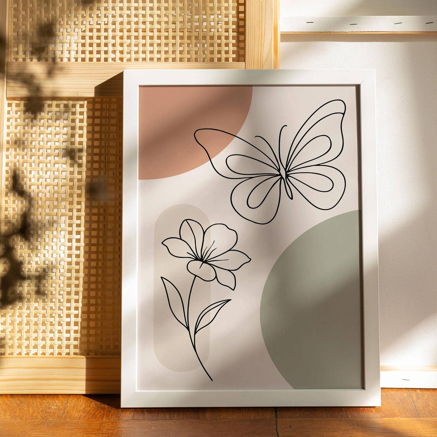 Butterfly and Flower Line Art Print – Pastel Wall Decor