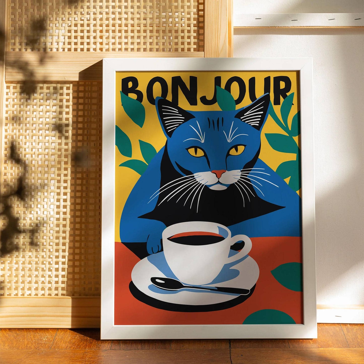 Bonjour Coffee Cat Wall Art Print
