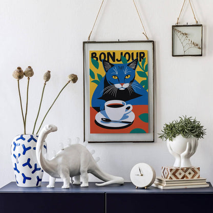Bonjour Coffee Cat Wall Art Print