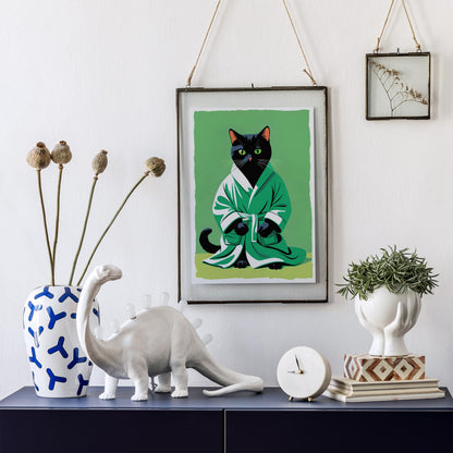 Green Robed Black Cat Art Print