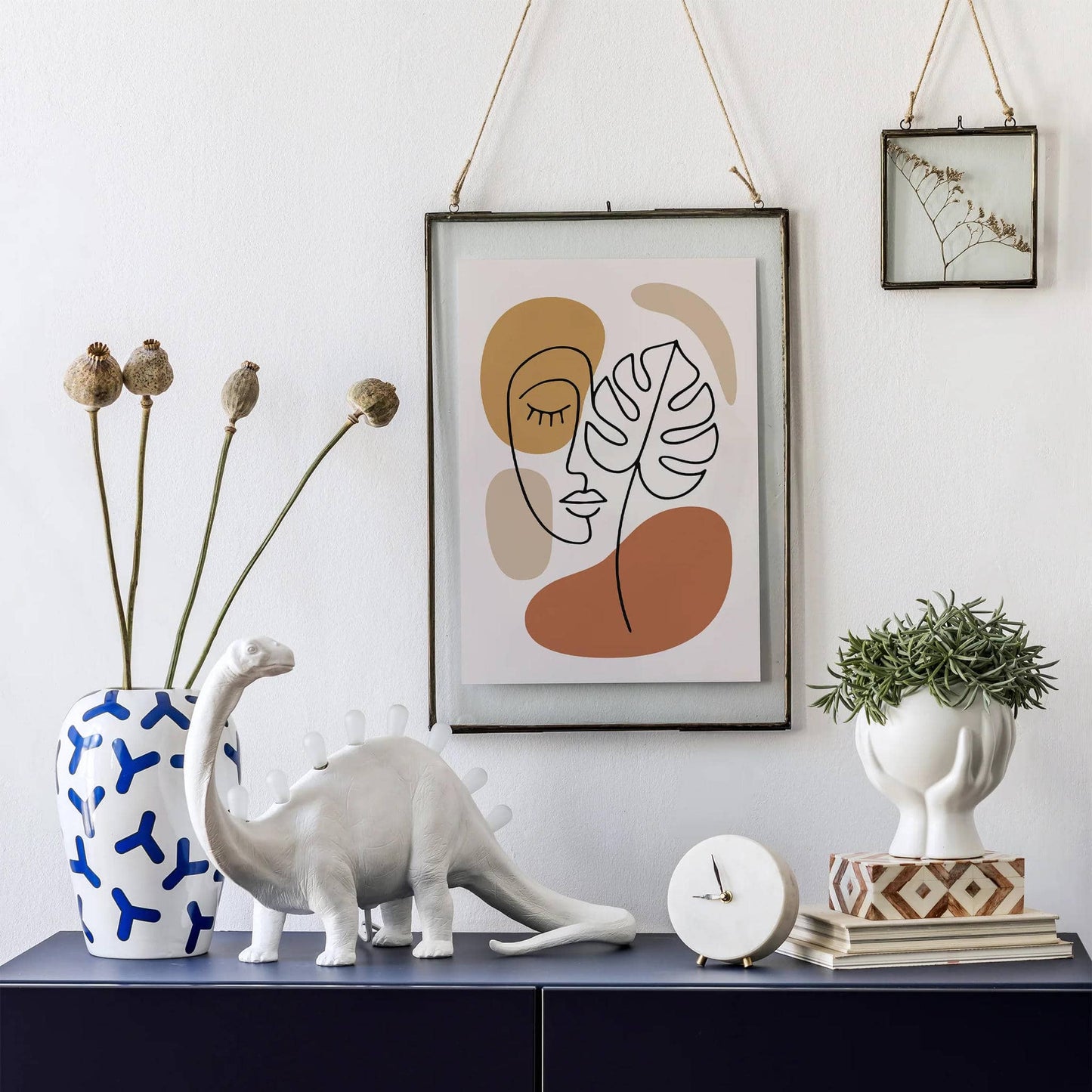 Boho Line Art Face and Monstera Art Print