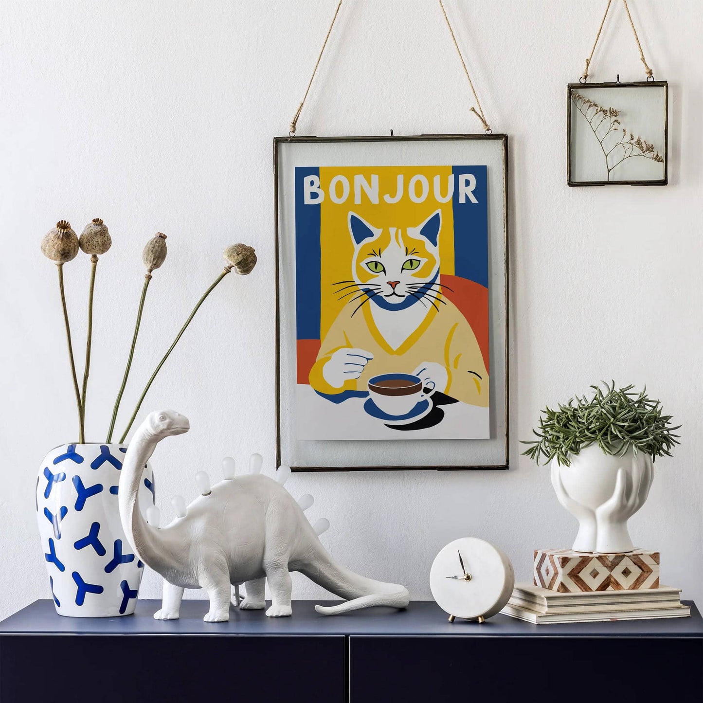 Bonjour Cute Cat Wall Art Print