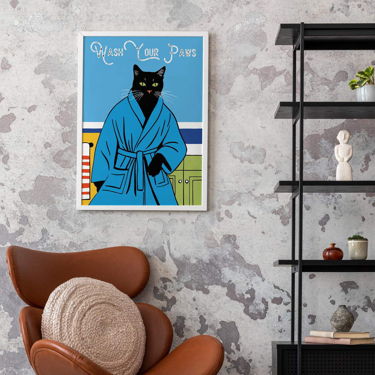 Black Cat Bathrobe Wall Print